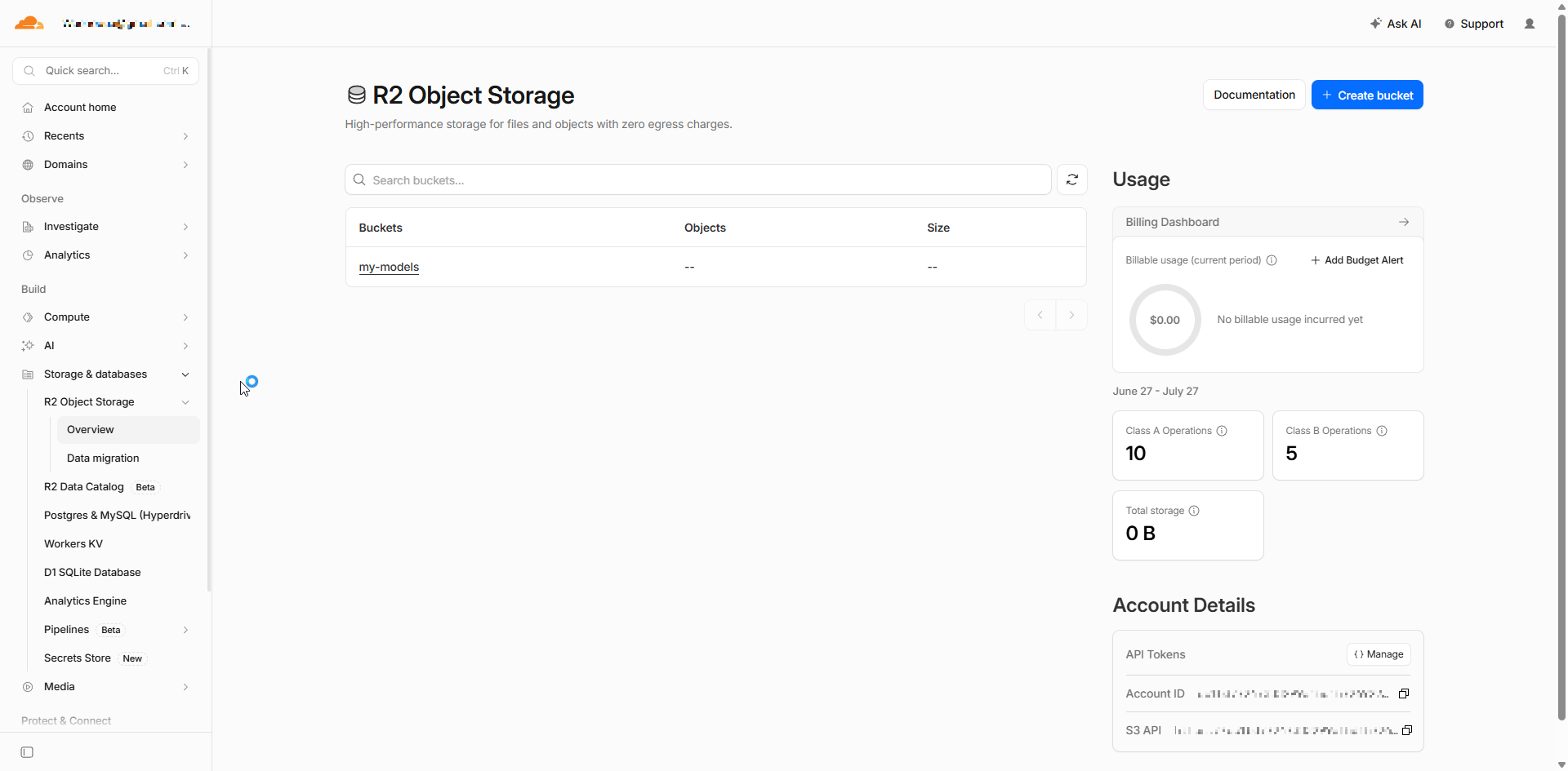 Сторінка Cloudflare R2 Object Storage з кнопкою Create bucket і кошиком stlviewer-models
