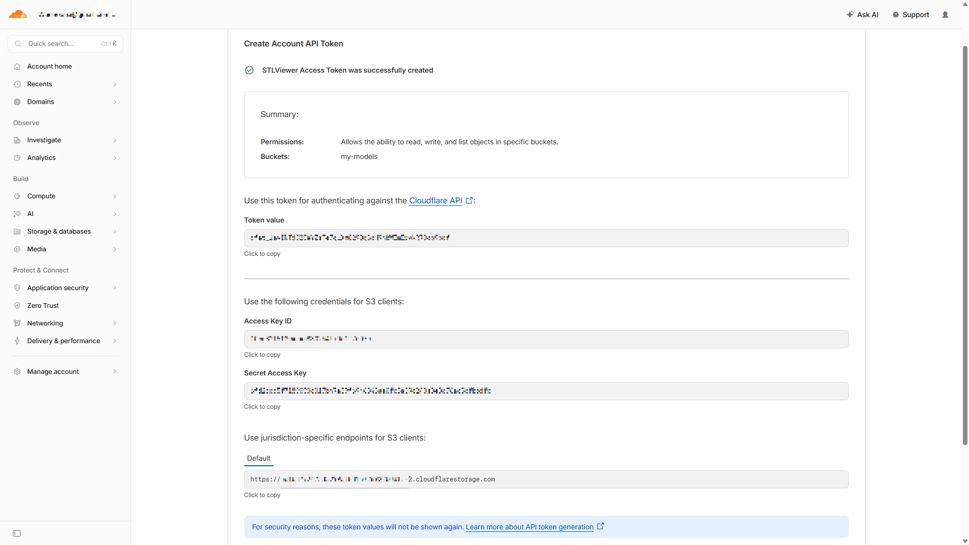 Екран результату API-токена R2 у Cloudflare зі значеннями Access Key ID і Secret Access Key для копіювання