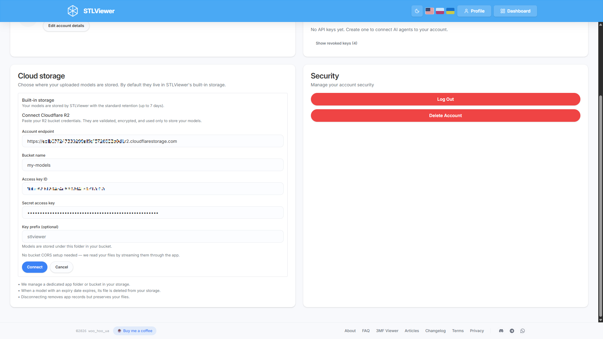 Сторінка Профіль у STLViewer з формою Підключити Cloudflare R2, заповненою прикладовими значеннями