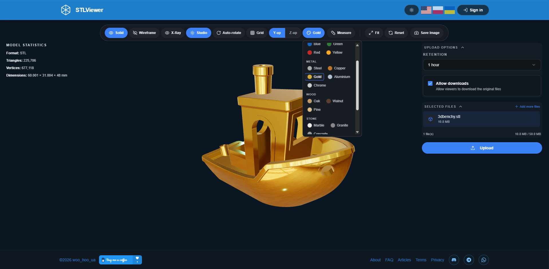 STLViewer.online material preset panel showing metal, wood, stone, and other texture options