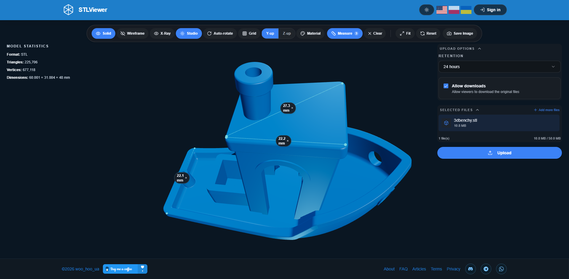 STLViewer.online measurement tool showing a surface-to-surface distance on a 3D model