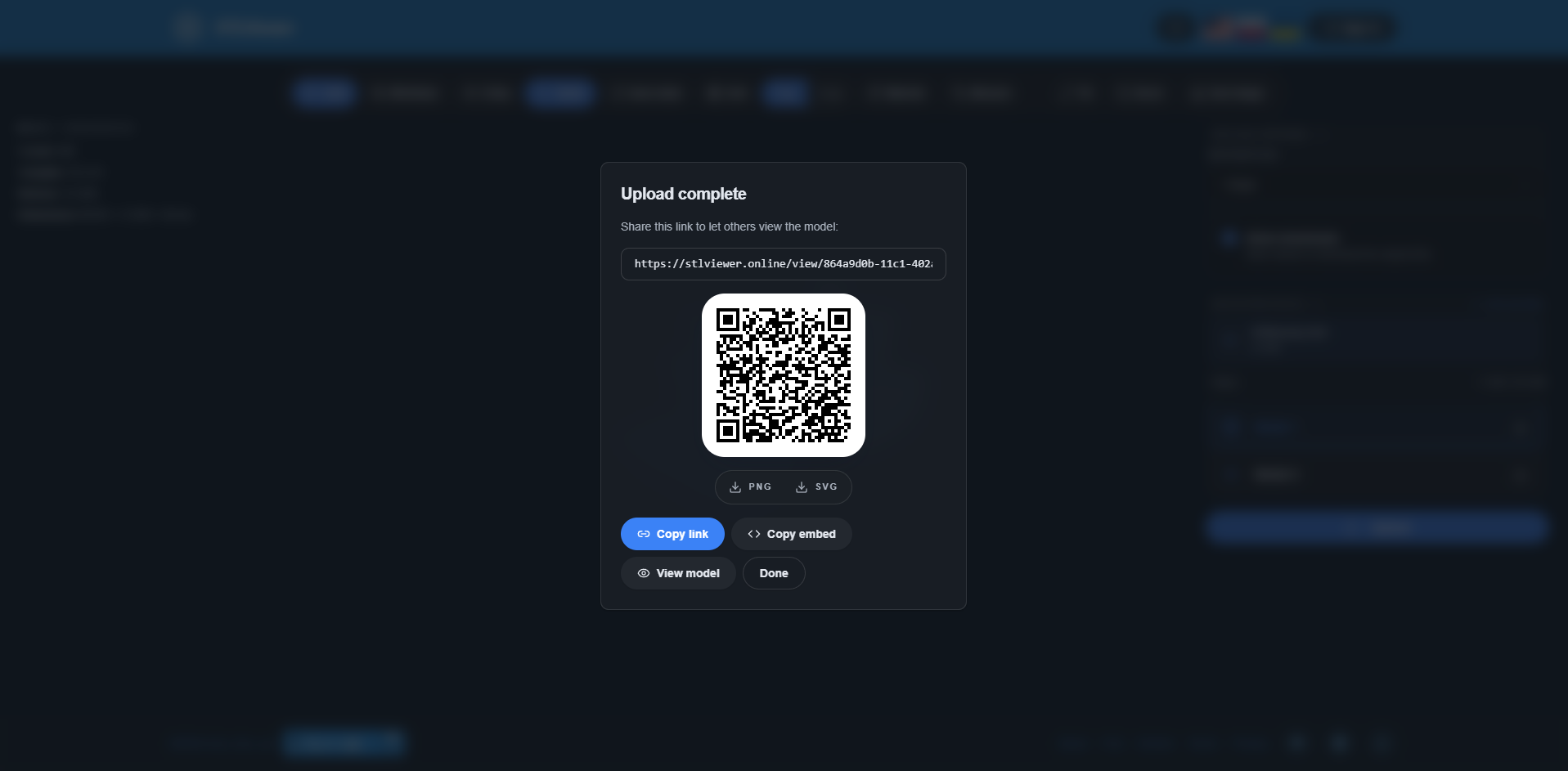 STLViewer.online share dialog showing QR code, share link, and embed options for a 3D model