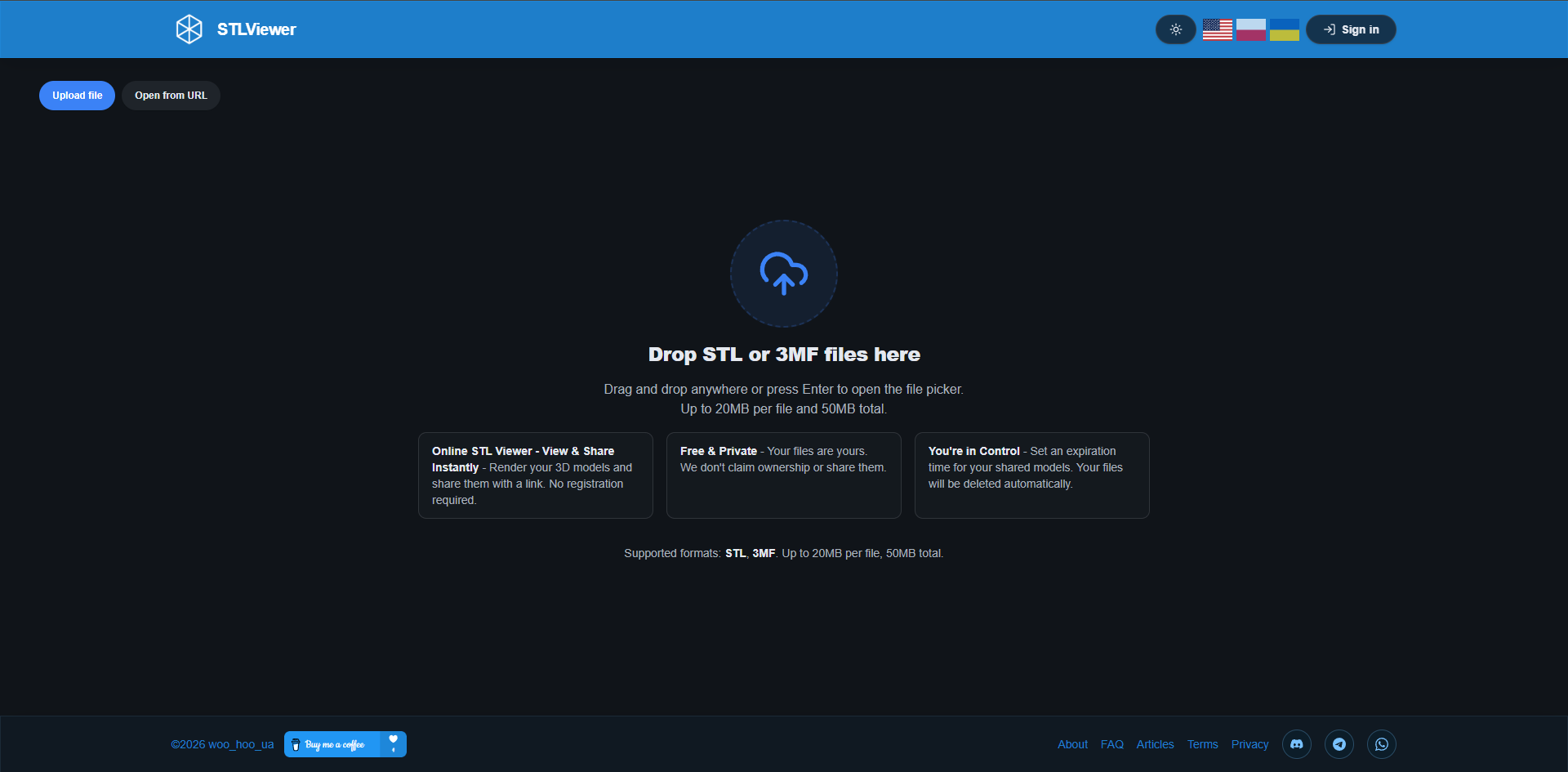 STLViewer.online homepage showing the drag-and-drop upload zone for STL and 3MF files